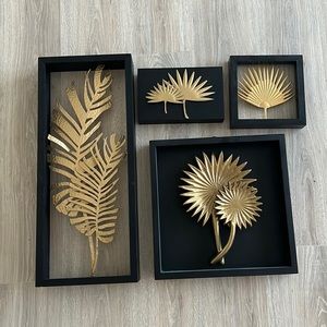 Beautiful wall art,with dark brown wood framed and gold metal flowers,